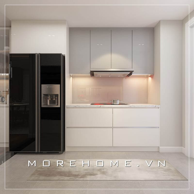 Thiết kế phòng bếp chung cư nhỏ với nội thất hiện đại sử dụng tone màu trắng tạo căn bếp sạch sẽ và tiện nghi